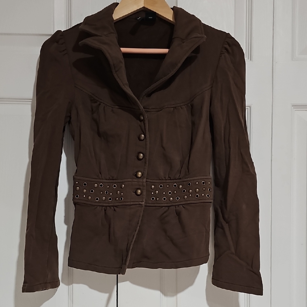 Mix It Brown Studded Button Jacket | Puff Shoulder | Size Small